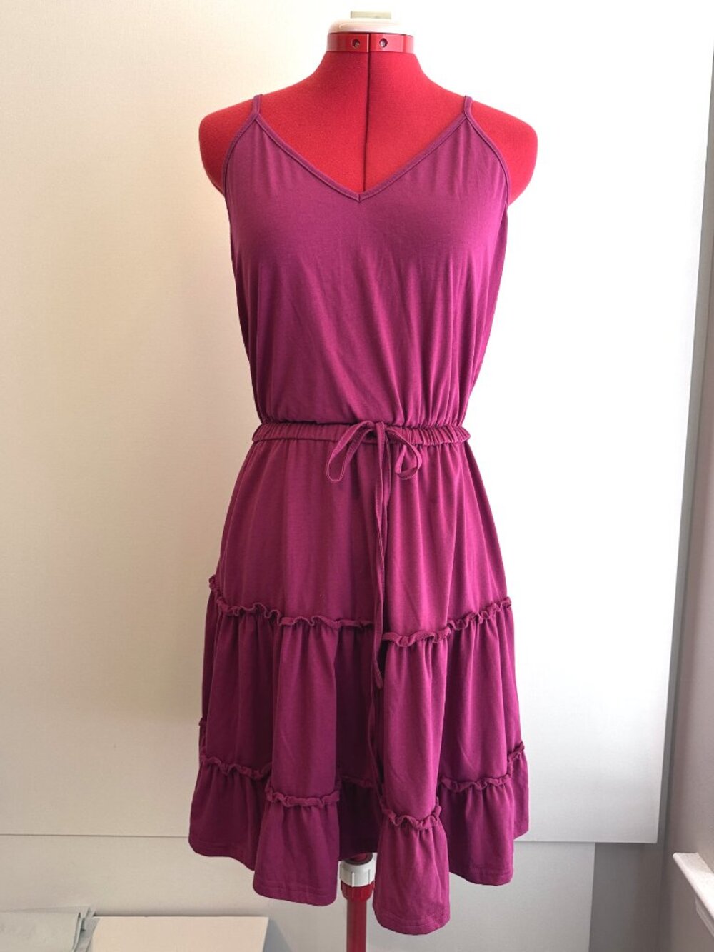 NEWSHOWS (L) Magenta Pink Ruffle Sun Dress A-Line Sundress Drawstring Strappy